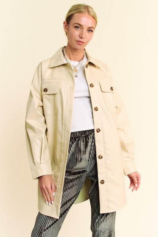 Davi & Dani Faux Leather Long Sleeves Button Up Chest Pockets Jacket | Beige