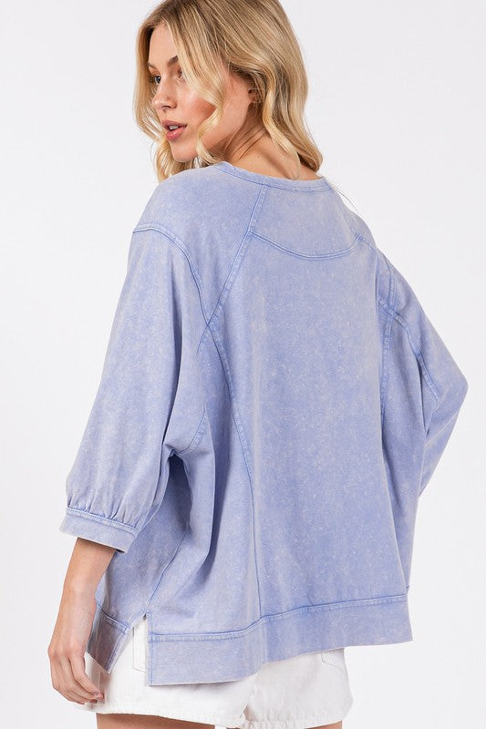 SAGE + FIG Mineral Washed Side Slit Round Neck Relaxed Fit Sweatshirt | Blue