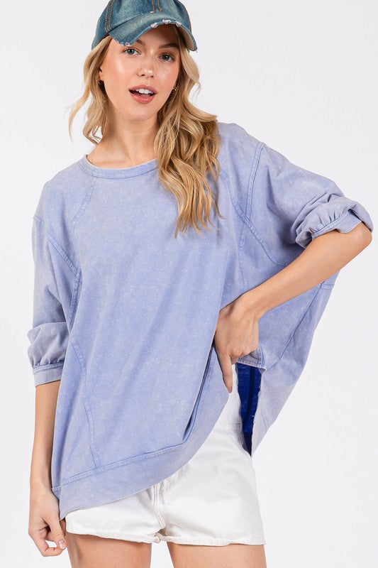 SAGE + FIG Mineral Washed Side Slit Round Neck Relaxed Fit Sweatshirt | Blue