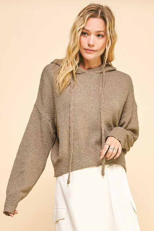 Davi & Dani Drop Shoulder Long Sleeves Drawstring Hooded Sweater | Camel