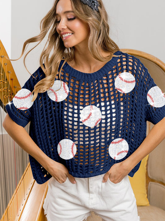 BiBi Baseball Patch Short Sleeves Round Neck Net Cover-Up Top | Deep Navy