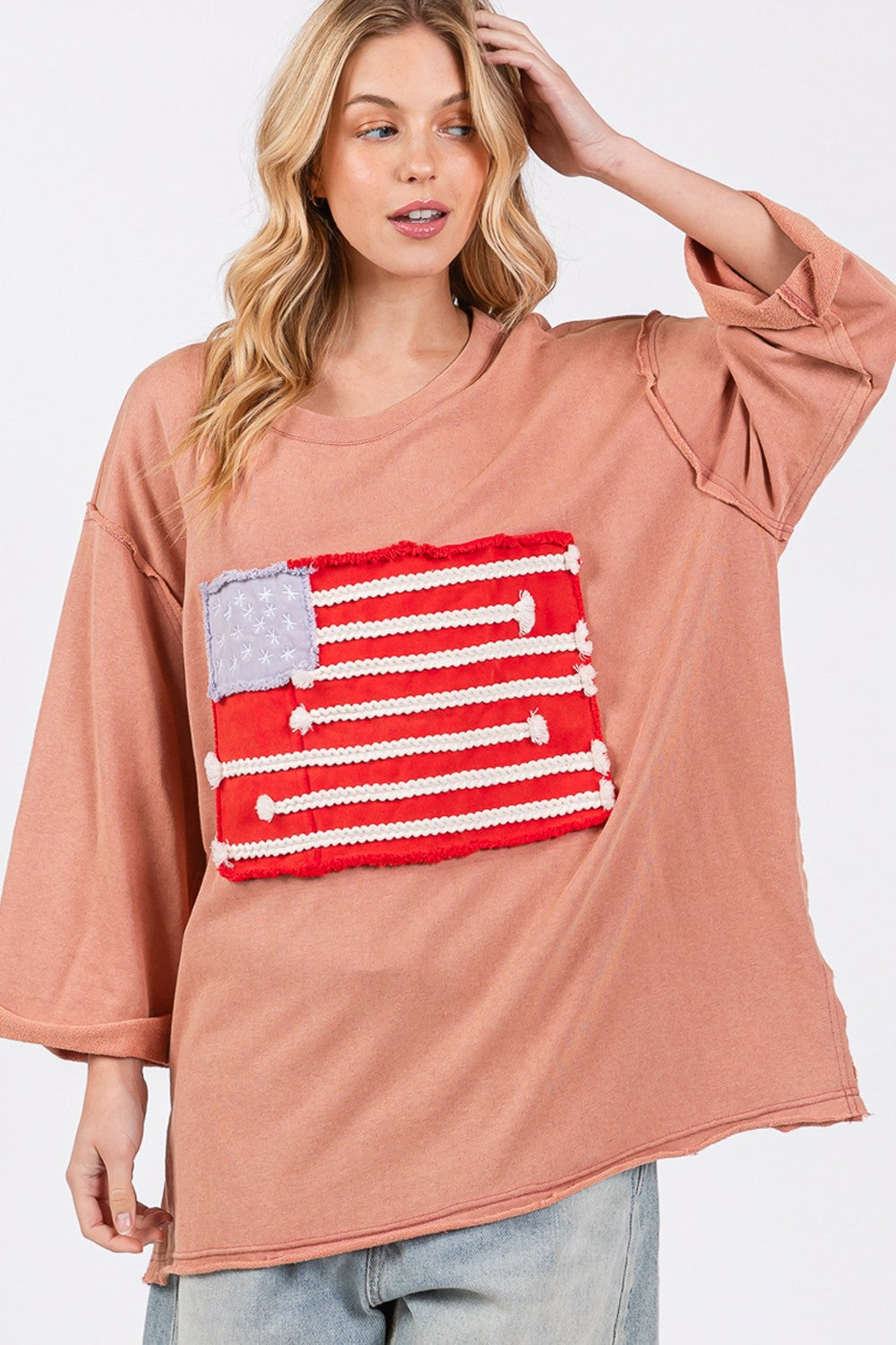 SAGE + FIG American Flag Patch Drop Shoulder Half Sleeves T-Shirt | Indian Pink