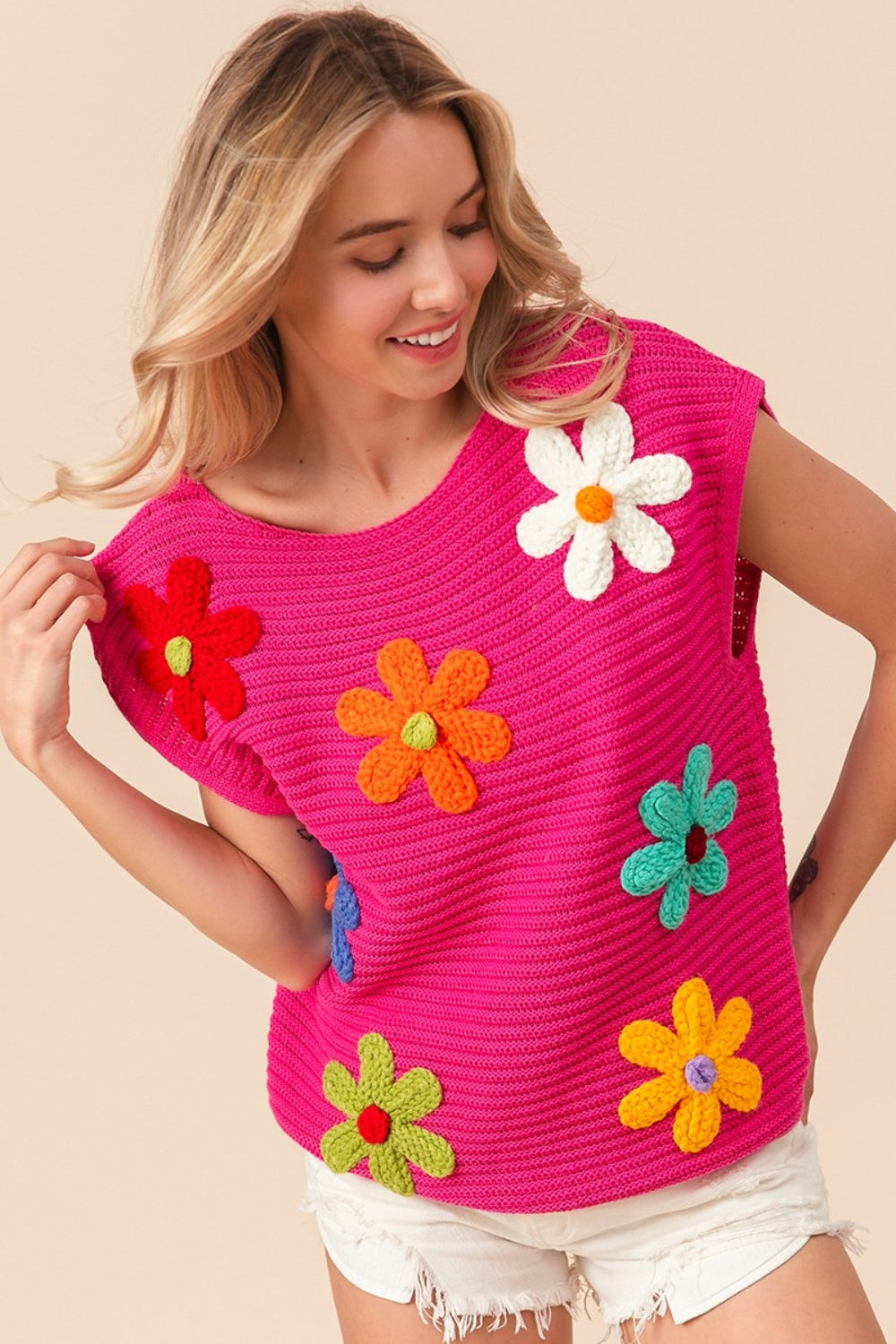 BiBi Crochet Flower Embroidery Round Neck Cap Sleeves Knit Sweater | Fuchsia