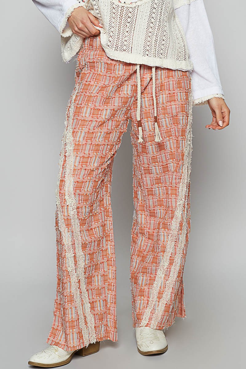 POL Lace Trim Drawstring Checkered Pattern Roomy Fit Wide Leg Pants | Orange