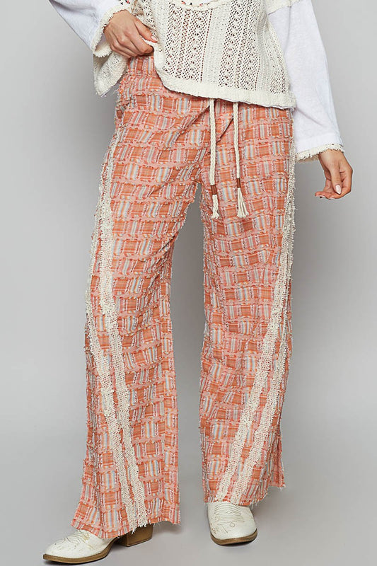 POL Lace Trim Drawstring Checkered Pattern Roomy Fit Wide Leg Pants | Orange