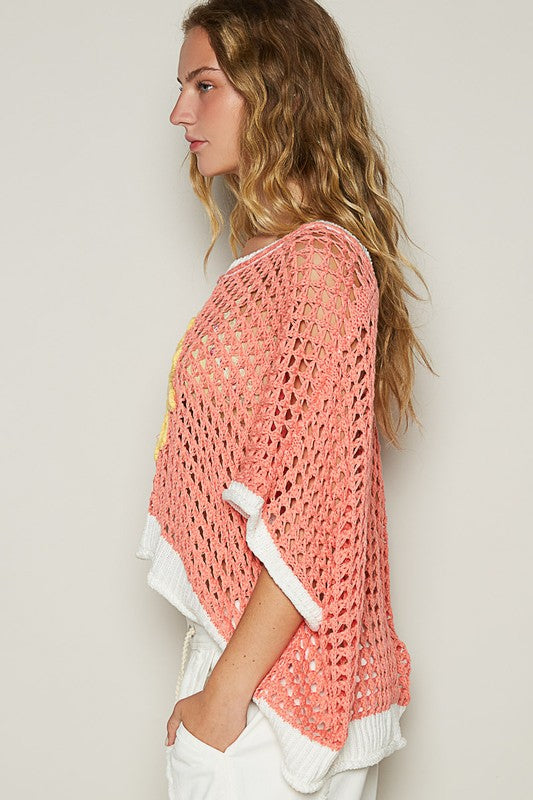 POL Hollow Out Flower Detail Half Sleeves Loose Knit Crochet Sweater | Coral