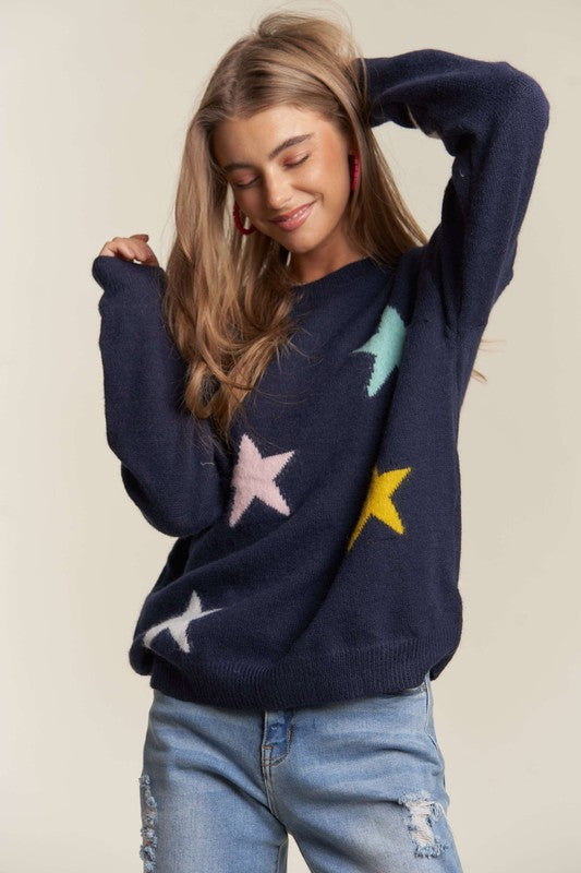 ADORA Star Pattern Crew Neck Drop Shoulder Long Sleeves Ribbed Sweater | Navy