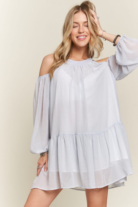 ADORA Cold Shoulder Crinkle Ruffle Hem Balloon Sleeves Babydoll Dress | Blue