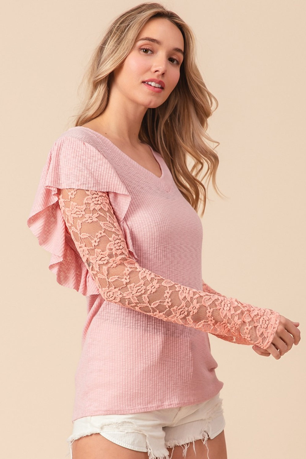 BiBi Ruffled Lace Sleeves V-Neckline Ribbed Knit Top