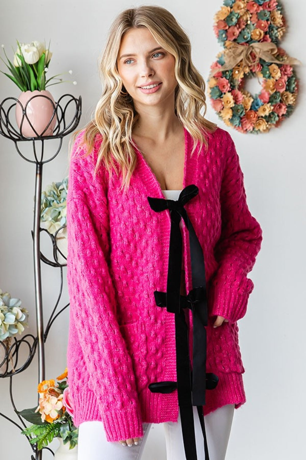 First Love Tie Closure Open Long Sleeves Relaxed Fit Knit Cardigan | Deep Rose