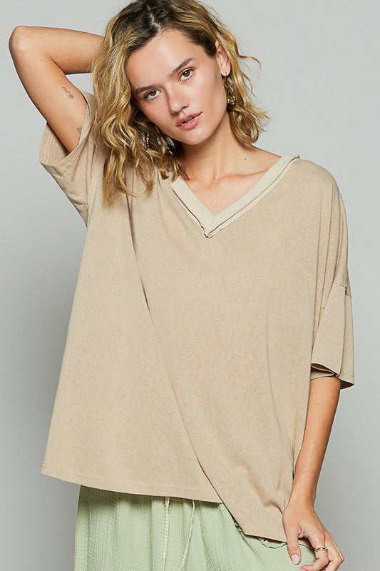 POL V-Neckline Short Sleeves Roomy Fit Stone Washed Knit T-Shirt | Latte