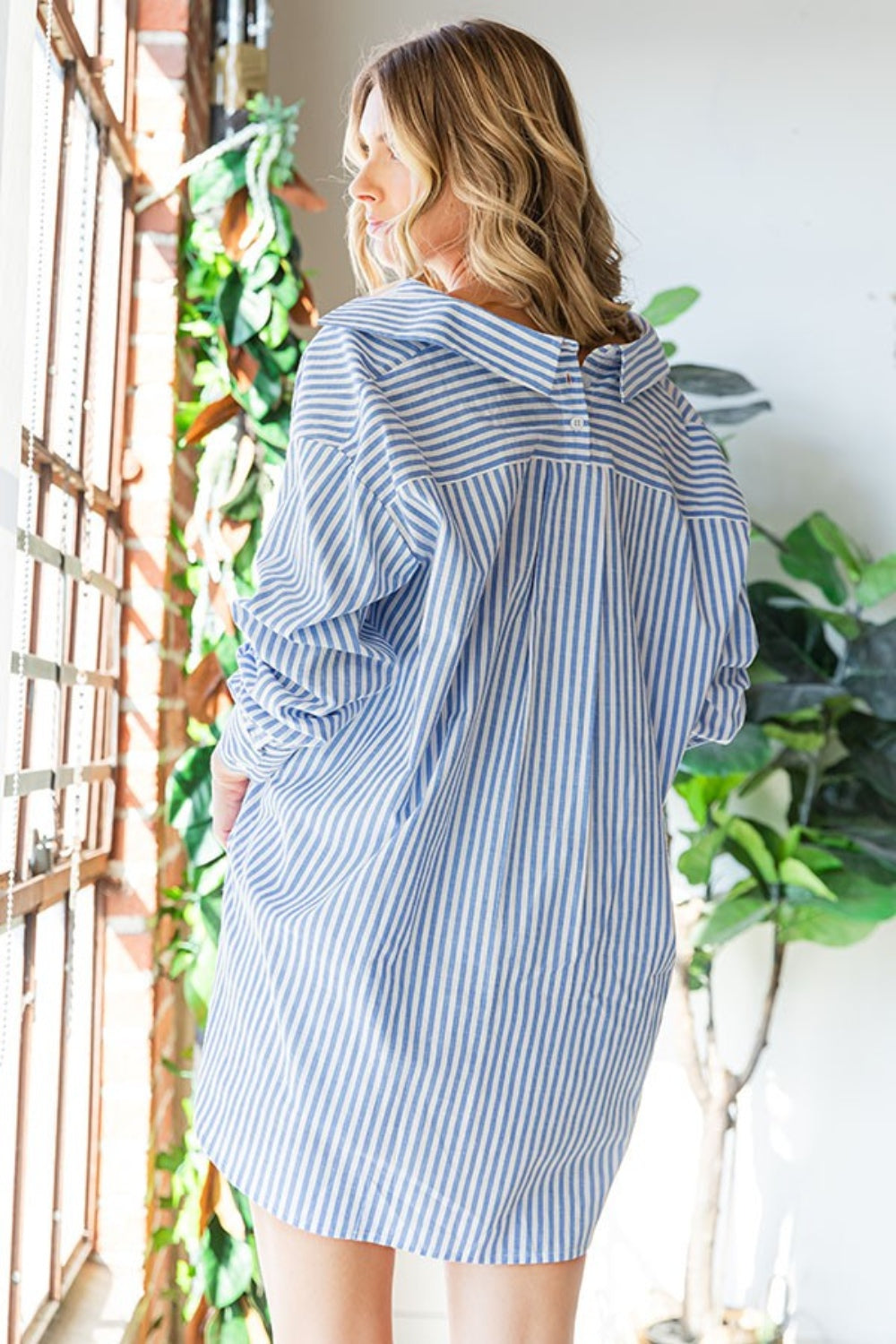 First Love Striped Button Down High-Low Hem Long Sleeves Oversized Shirt | Blue