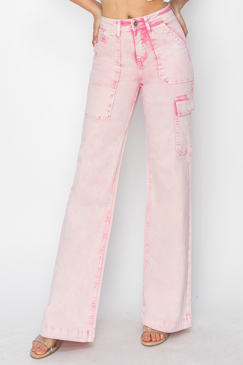 RISEN High Rise Cargo Pockets Zipper Fly Acid Pink Wide Leg Jeans