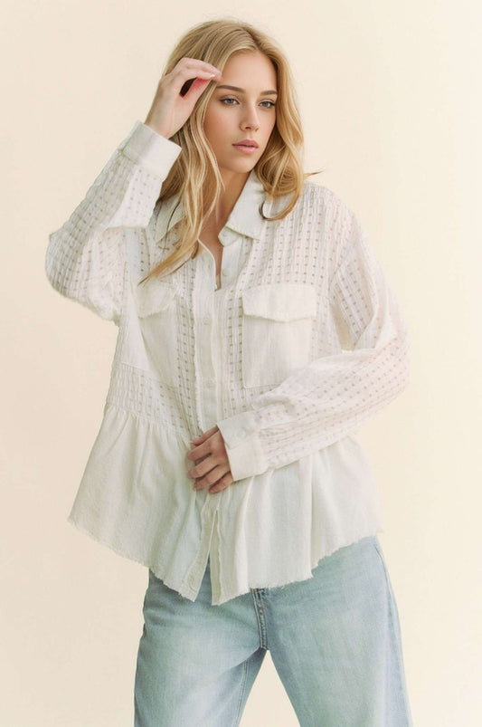 Davi & Dani Garment Washed Jacquard Button Front Shirt | White