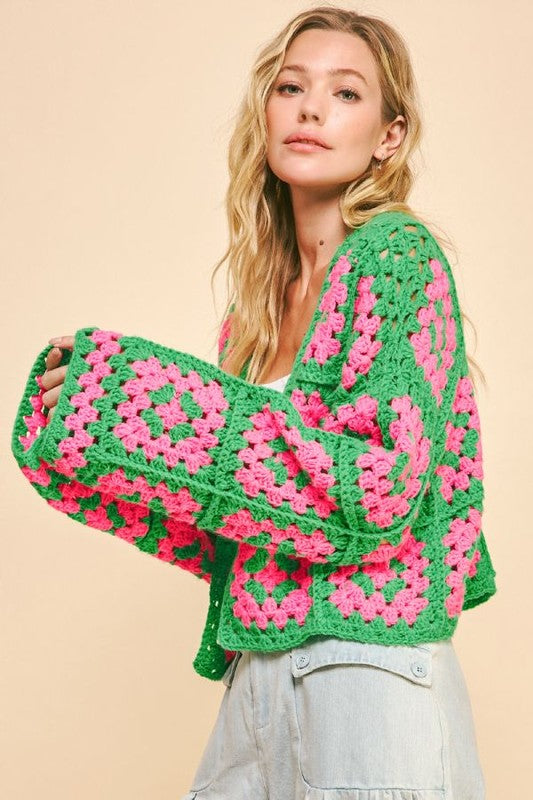 Davi & Dani Full Size Two Tone Flower Square Crochet Open Front Cardigan | Pink Green