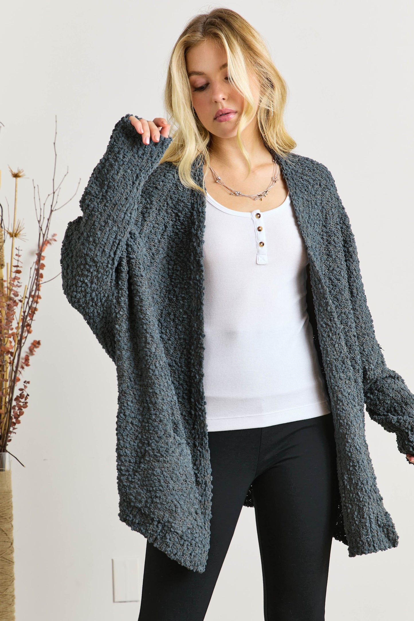 ADORA Popcorn Knit Pockets Long Sleeves Open Front Sweater Cardigan | Dark Olive