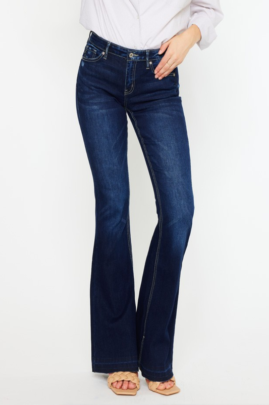 KanCan As Shown Mid Rise Unique Hem Detail Dark Wash Flare Denim Jeans