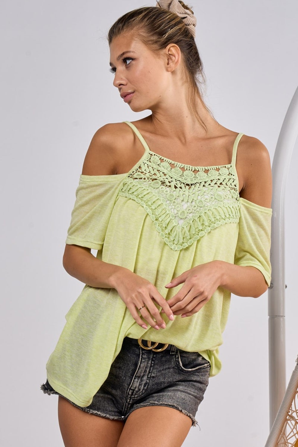 BiBi Front Crochet Lace Off Shoulder Adjustable Spaghetti Strap Top | Lime