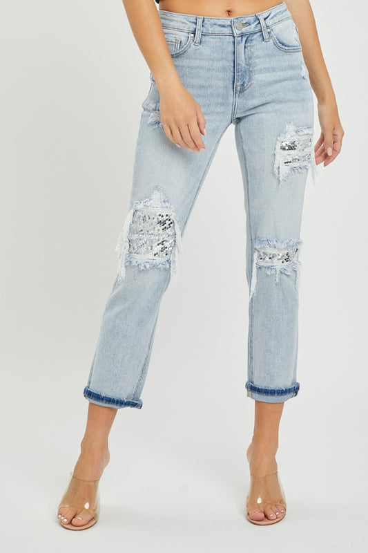 RISEN Mid Rise Sequin Patched Distressed Stretch Cropped Denim Jeans