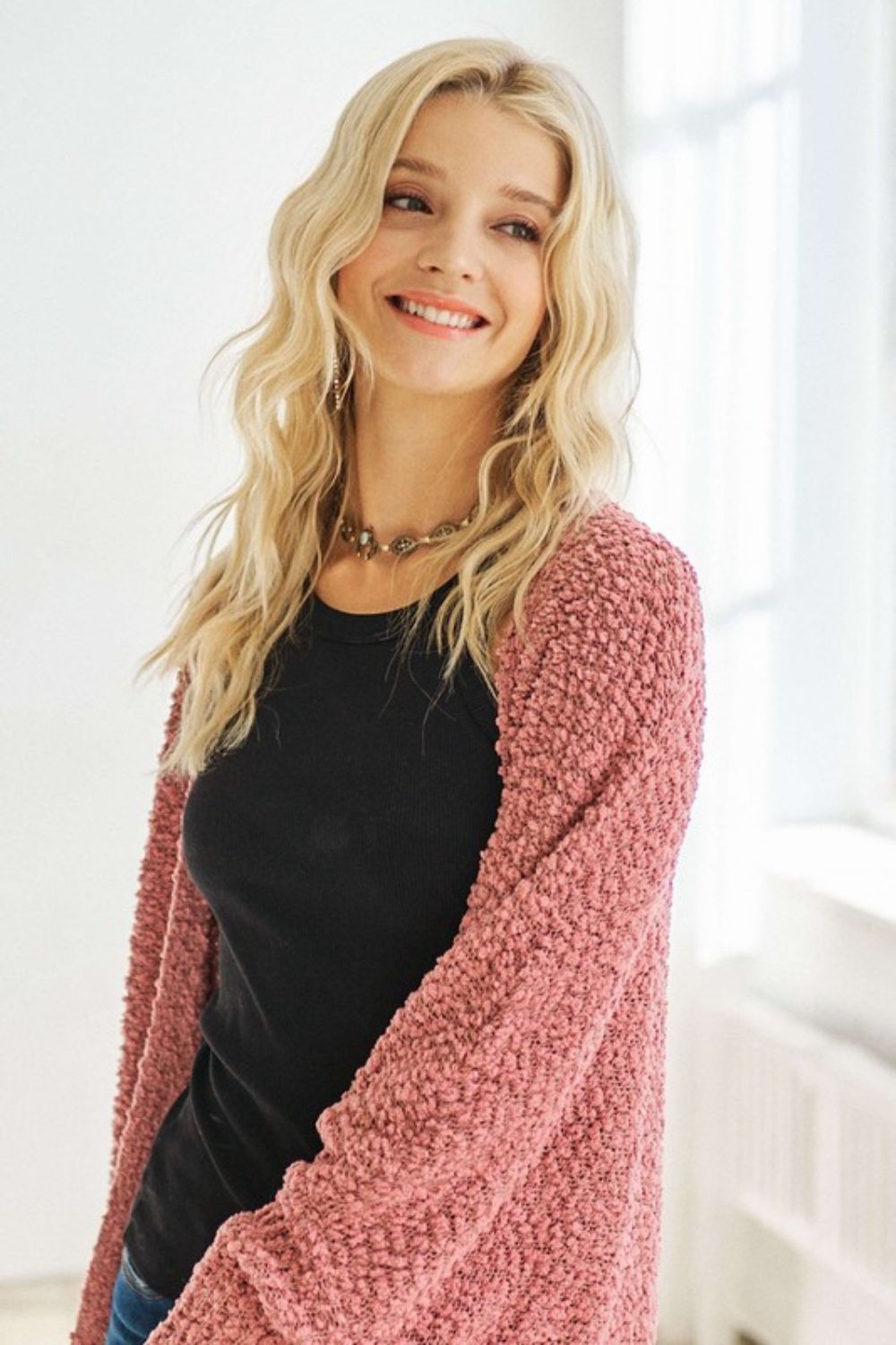 ADORA Popcorn Knit Open Front Long Sleeve Cardigan | Mauve