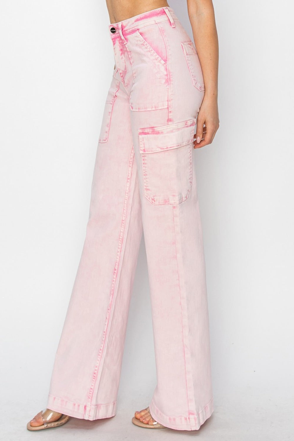 RISEN High Rise Cargo Pockets Zipper Fly Acid Pink Wide Leg Jeans