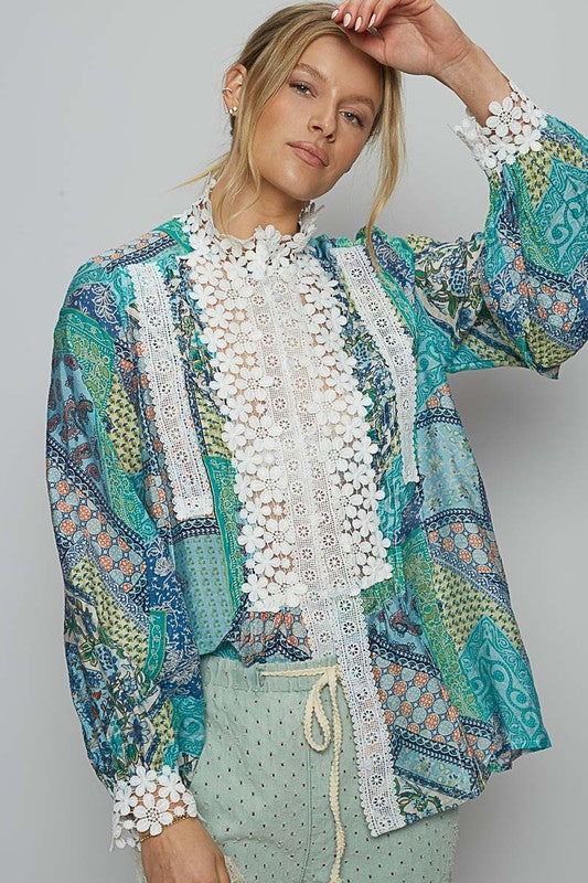 POL Lace Detail Long Sleeves Mock Neck Paisley Pattern Woven Blouse | Teal