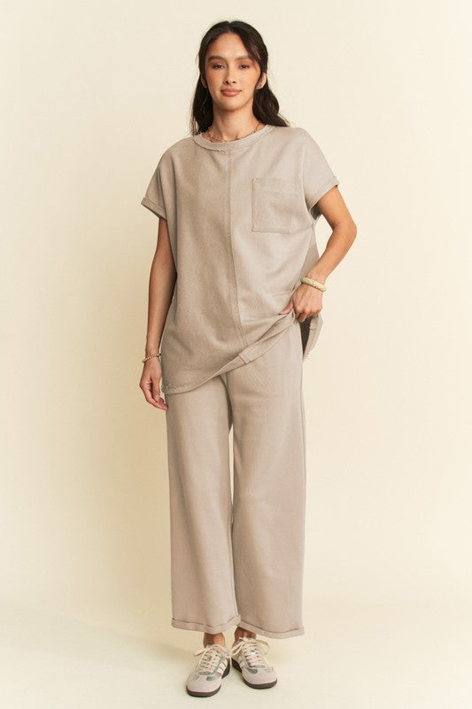 Davi & Dani Crew Neck Short Sleeves Top & Wide Leg Pants Lounge Set | Khaki