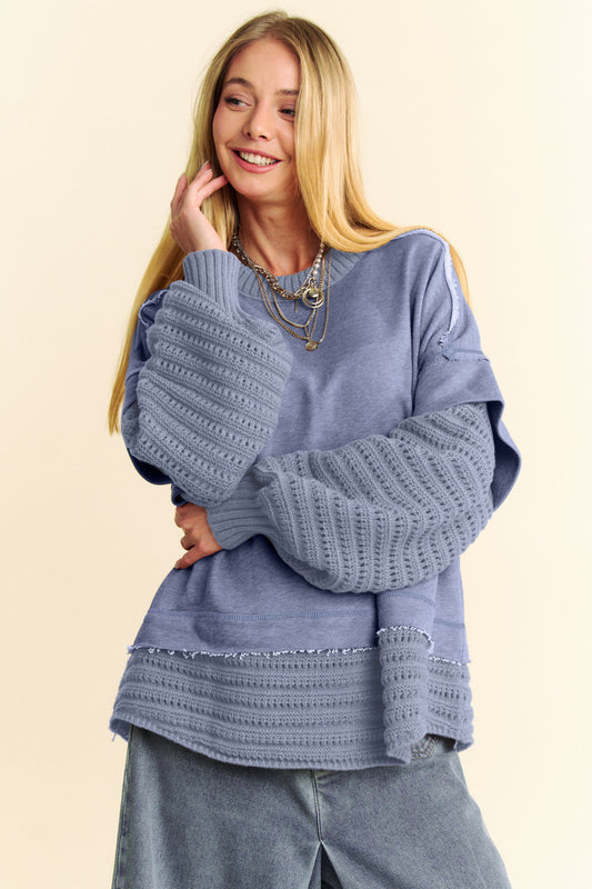 Davi & Dani Faux Layered Detail Round Neck Ribbed Knit Trim Sweater | Dusty Blue