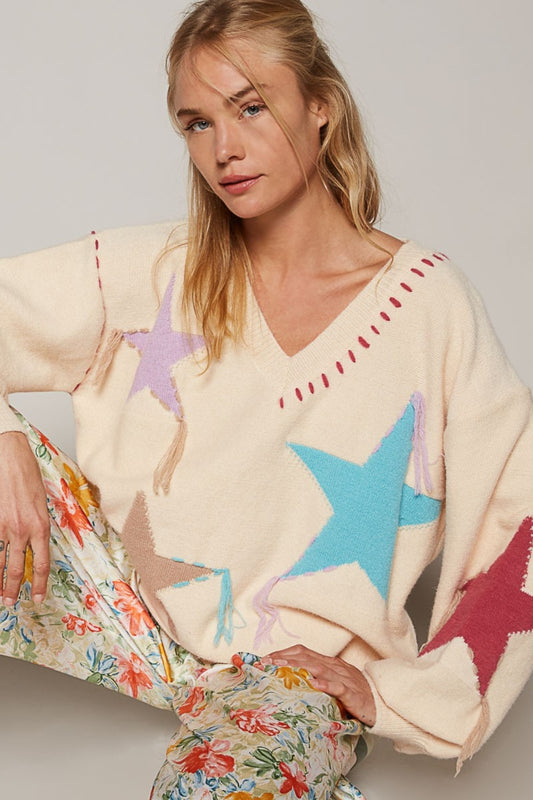 POL Oversized V-Neck Balloon Sleeves Star Print Fringe Sweater | Pale Beige