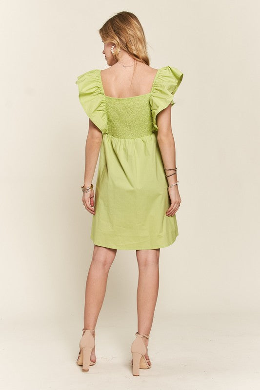 ADORA Smocked Back Ruffled Cap Sleeve Babydoll Dress | Lime