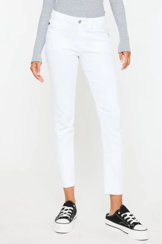 KanCan Mid Rise Frayed Hem Zipper Fly White Ankle Skinny Denim Jeans