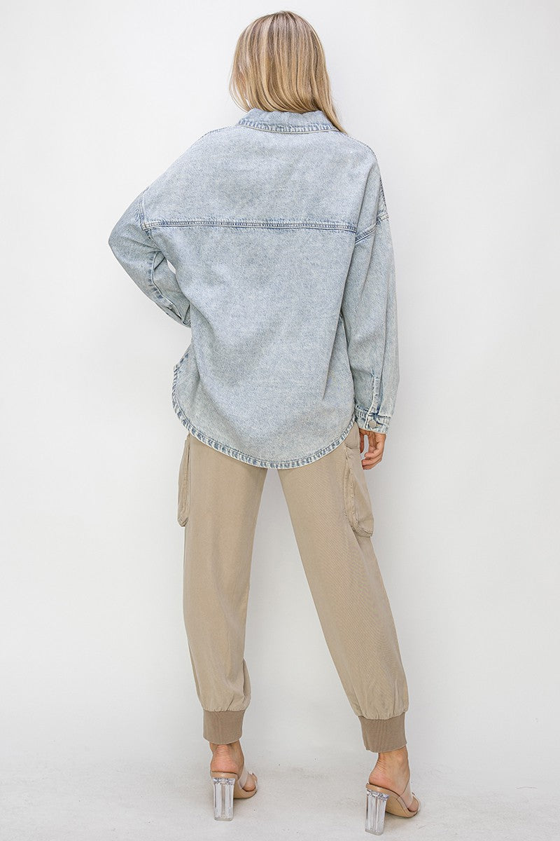 RISEN Oversized Button Up Long Sleeves Chest Pockets Light Wash Shacket