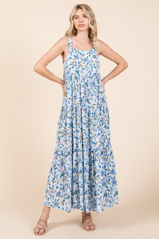 Mittoshop Flower Print Tiered Square Neck Sleeveless Empire Maxi Dress | Blue