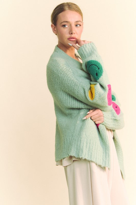 Davi & Dani Fuzzy Smile Long Bell Sleeves Oversized Open Knit Cardigan | Sage