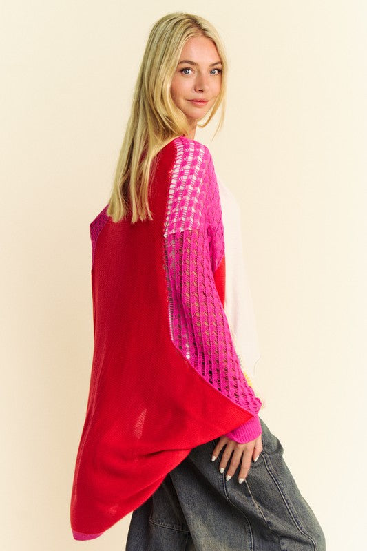 Davi & Dani Openwork Sleeves Detail Contrast Open Front Sweater Cardigan | Red