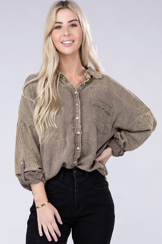 ZENANA Long Sleeves Washed Double Gauze Button Down Shirt