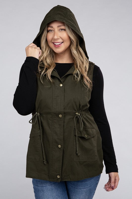 ZENANA Plus Relaxed Fit Drawstring Waist Military Hoodie Vest