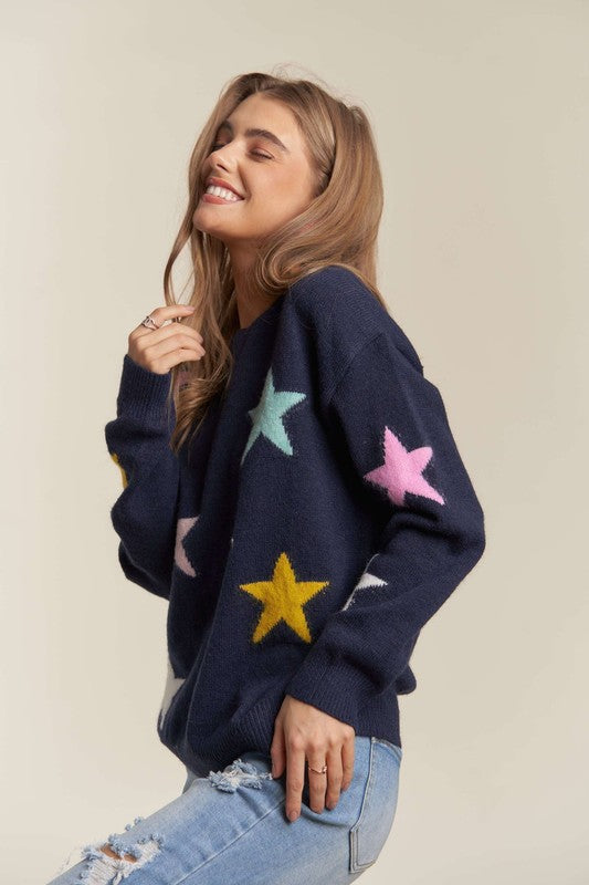 ADORA Star Pattern Crew Neck Drop Shoulder Long Sleeves Ribbed Sweater | Navy