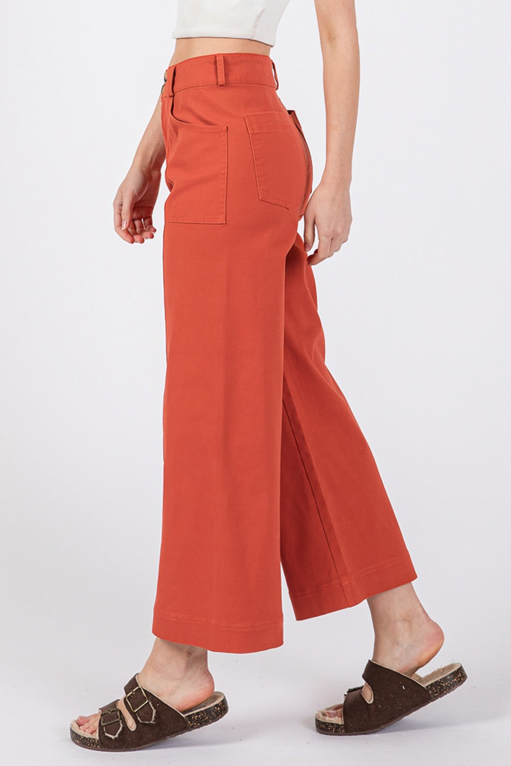 SAGE + FIG Adjustable Button Closure Pockets Wide Leg Cropped Pants | Cinnamon