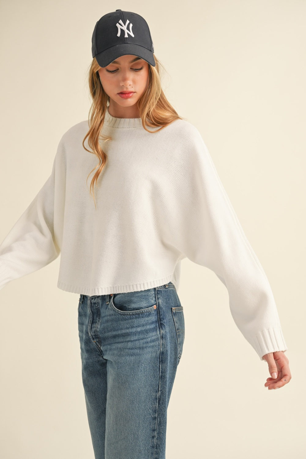 MABLE Round Neck Dolman Sleeves Relaxed Fit Cropped Pullover Sweater | Off White