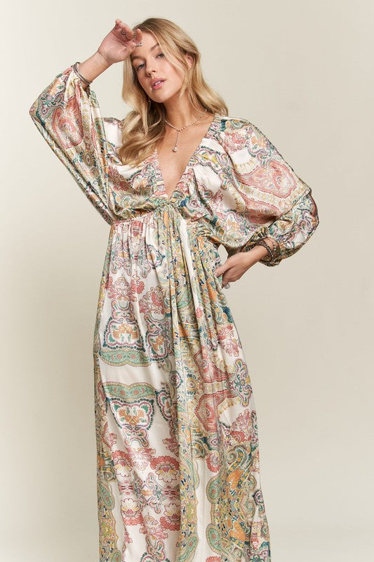 ADORA Boho Printed V-Neck Batwing Sleeves Side Pockets Maxi Dress | Light Green