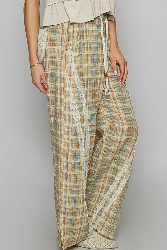 POL Lace Trim Drawstring Checkered Pattern Roomy Fit Wide Leg Pants | Sage