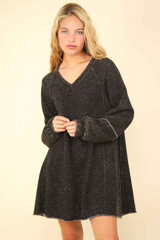 VERY J Mineral Wash Raglan Sleeves V-Neck Oversized A-Line Mini Dress | Black