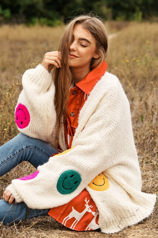 Davi & Dani The Fuzzy Smile Long Bell Sleeves Oversized Knit Cardigan