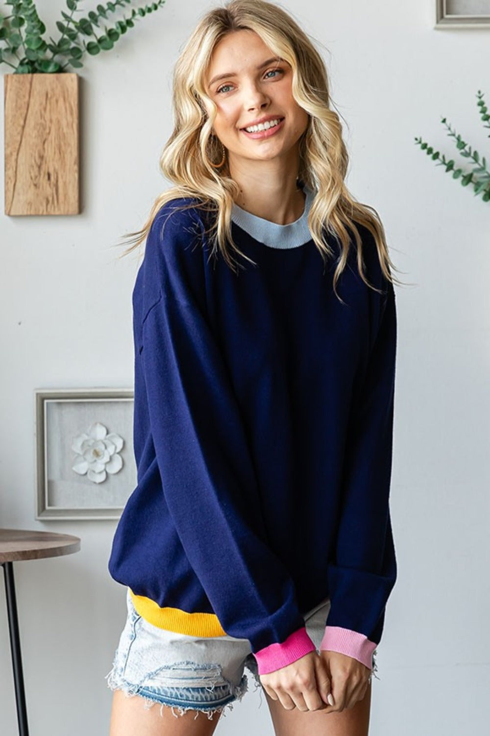 First Love Contrast Ribbed Round Neck Long Sleeves Pullover Sweater | Navy