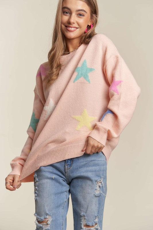 ADORA Star Pattern Crew Neck Drop Shoulder Long Sleeves Ribbed Sweater | Blush