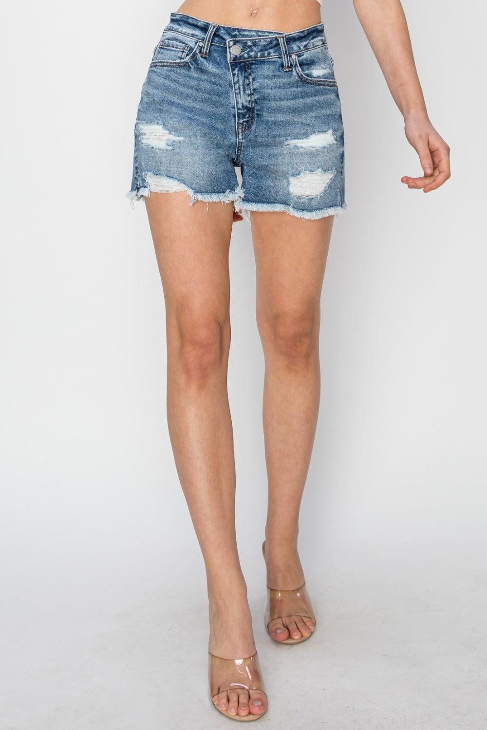 RISEN Stepped Waist Frayed Hem Distressed Zipper Fly Denim Shorts | Medium Wash