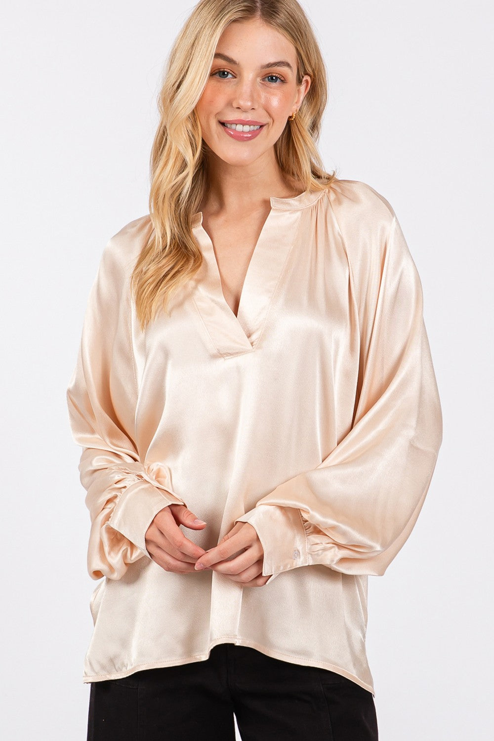 SAGE + FIG Viscose Split Neck Raglan Long Sleeves Relaxed Fit Blouse | Champagne