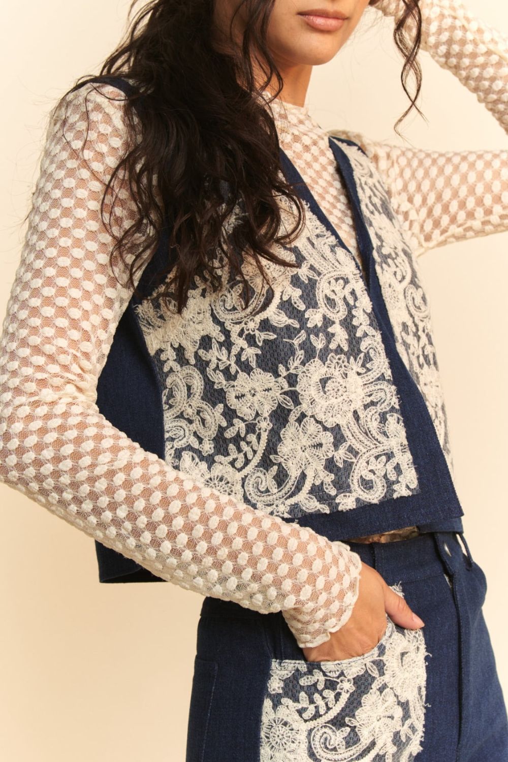 Davi & Dani Casual Textures Lace Patch Detail Open Front Denim Vest | Dark Blue