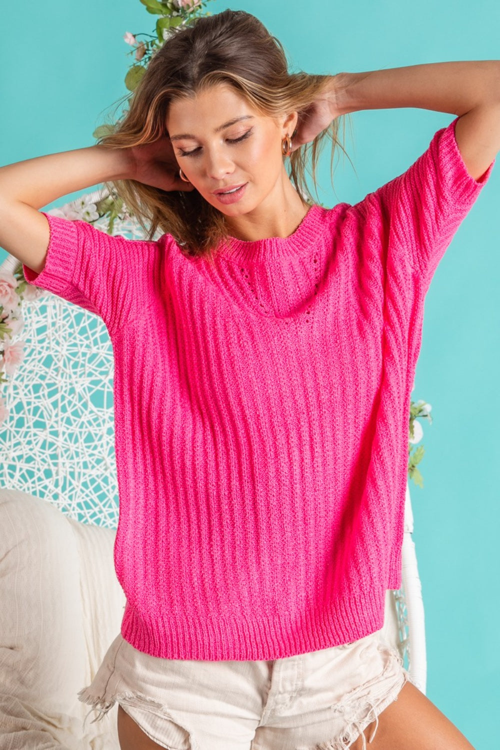 BiBi Textured Round Neck Short Sleeves Knit Top | Fuchsia